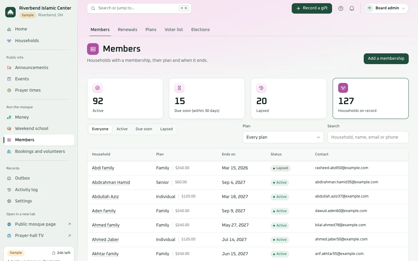 Members in the demo: households with a membership, their plan, when it ends and whether it's active, due soon or lapsed.